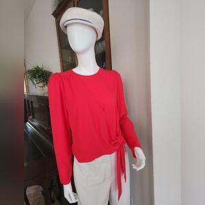 NWT-Ann Taylor Red Long Sleeve Faux Wrap Tie Front Blouse!🩷🌹❤️